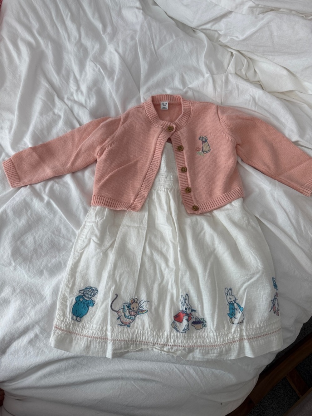 Girls Pink Knit Cardigan and White Embroidered Dress Set, Peter rabbit